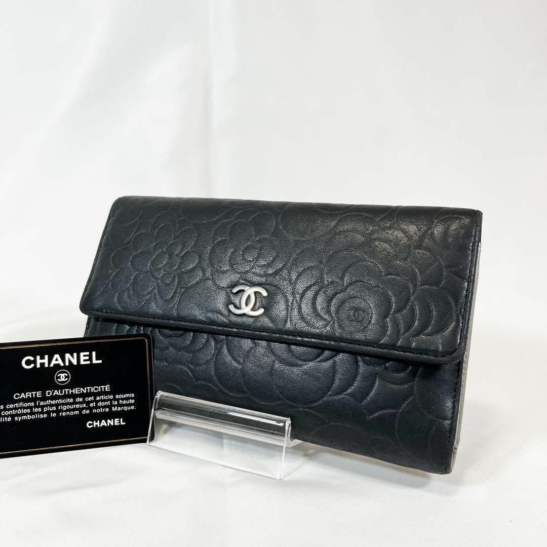 CHANEL - ☆高級☆ シャネル 三つ折り長財布 カメリア ブラック レザー