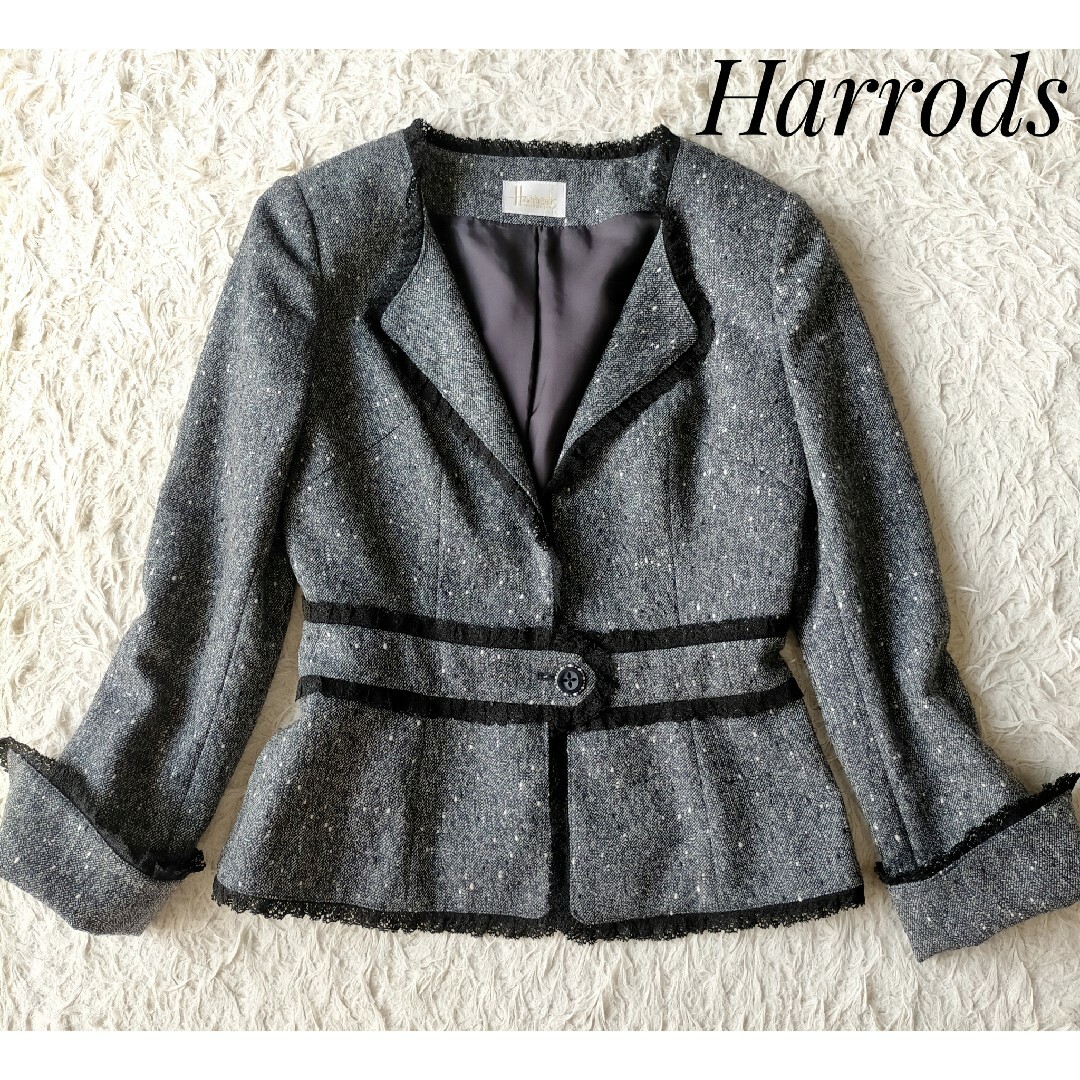 【Harrods】ツイードジャケット S ラメ レース使い 秋冬 美品