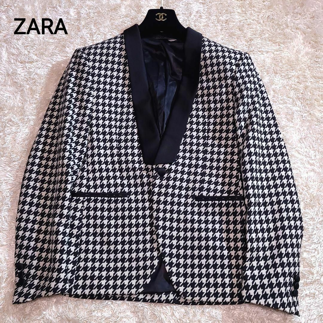 ZARA - ZARA タキシードジャケット 千鳥柄 プリント ベージュ× 黒 M 極