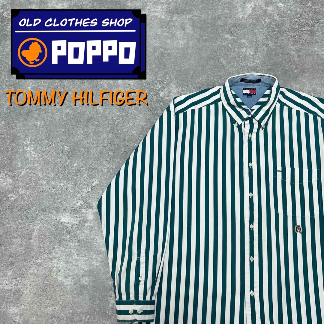 TOMMY HILFIGER - トミーヒルフィガー☆オールド刺繍ロゴボールドストライプシャツ ターコイズグリーンの