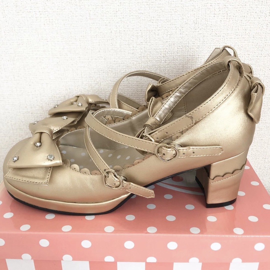 Angelic Pretty(アンジェリックプリティー)のAngelic Pretty 宝石リボンシューズ　ゴールド　Lサイズ レディースの靴/シューズ(ハイヒール/パンプス)の商品写真