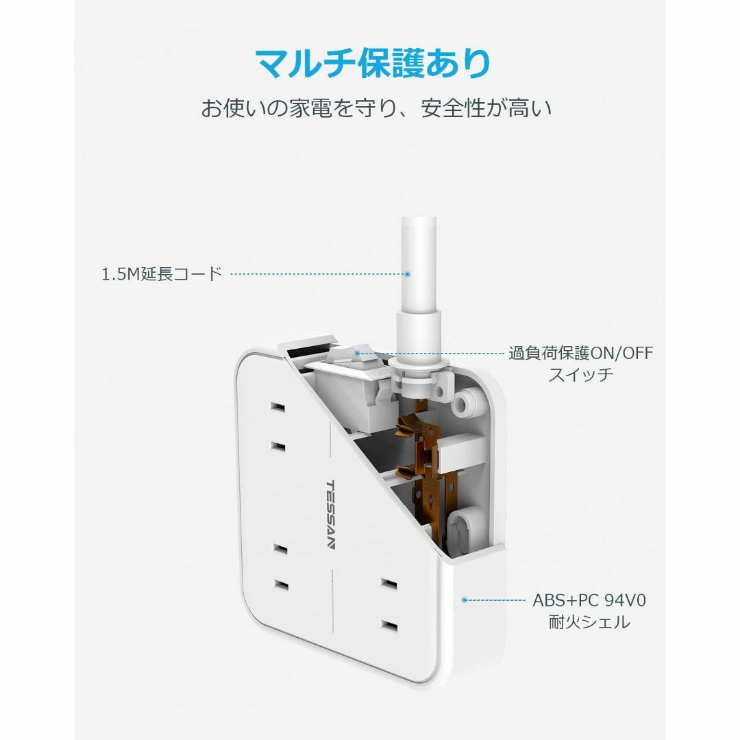 【色: ホワイト】延長コード usb コンセント4個AC口 3USBポート TE