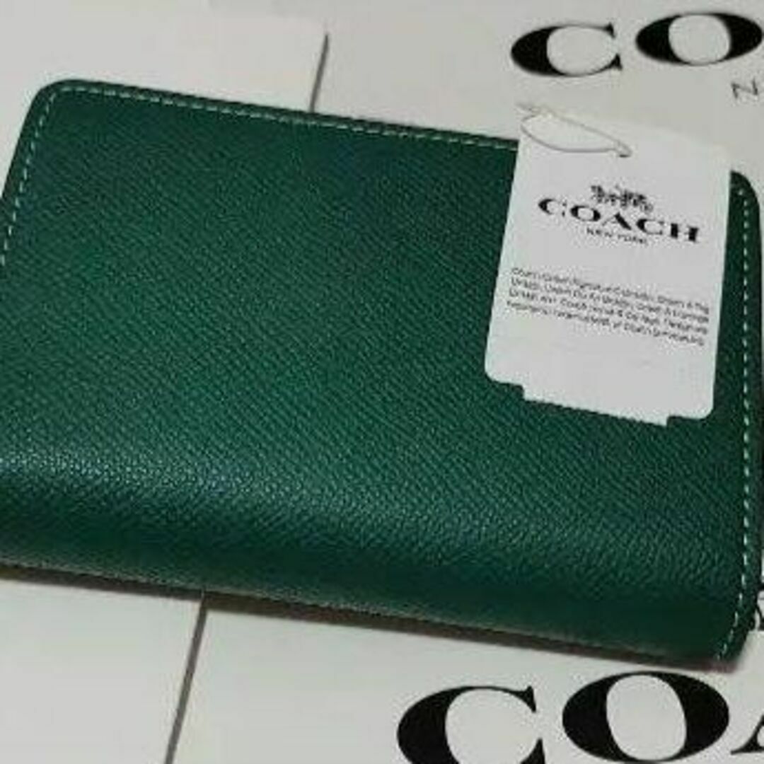 ⏹️未使用⏹️6390 COACH コーチ 折り財布 グリーン 無地 2