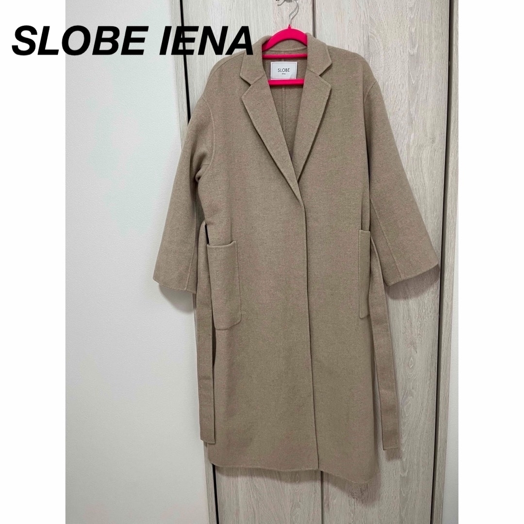 [美品] SLOBE IENA ノーカラーコート ロングカーキベージュウール