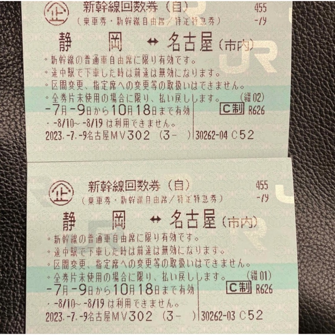 新幹線（自由席）回数券 名古屋 静岡 2枚 - 鉄道乗車券