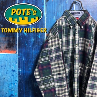 トミーヒルフィガー(TOMMY HILFIGER)の【トミーヒルフィガー】ワンポイント刺繍ロゴチェック柄パッチワークシャツ 90s(シャツ)