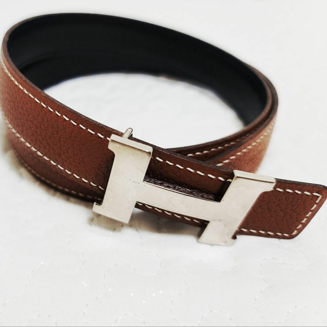 箱付 美品 エルメス レザー H リバーシブル ベルト シルバー バックル □G