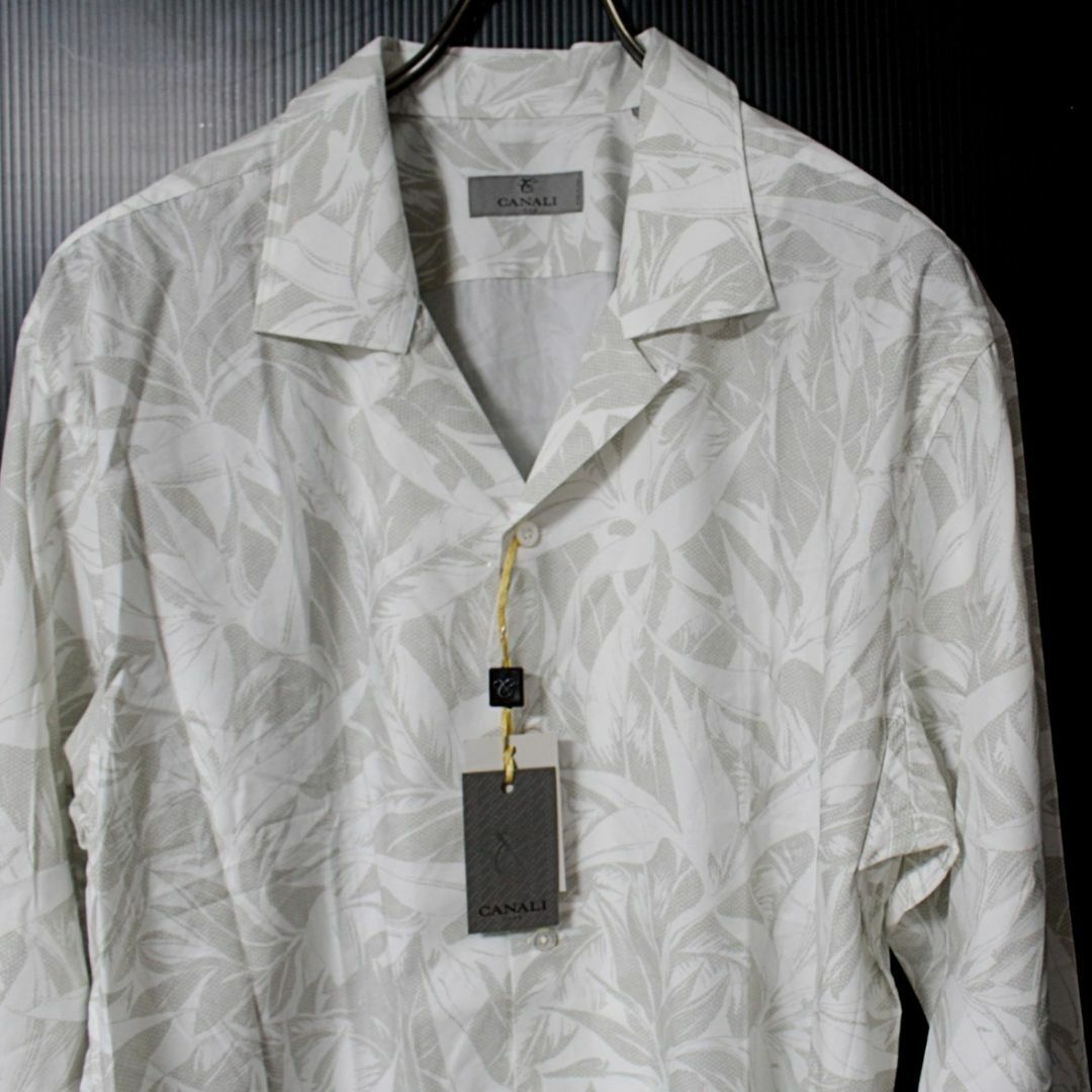 新品 CANALI イタリア製 ボタニカル総柄 長袖開襟シャツ XLサイズ 白系