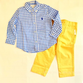 12m80cm  青白Gチェックポプリンシャツ＆黄色チノパンツ ラルフローレン