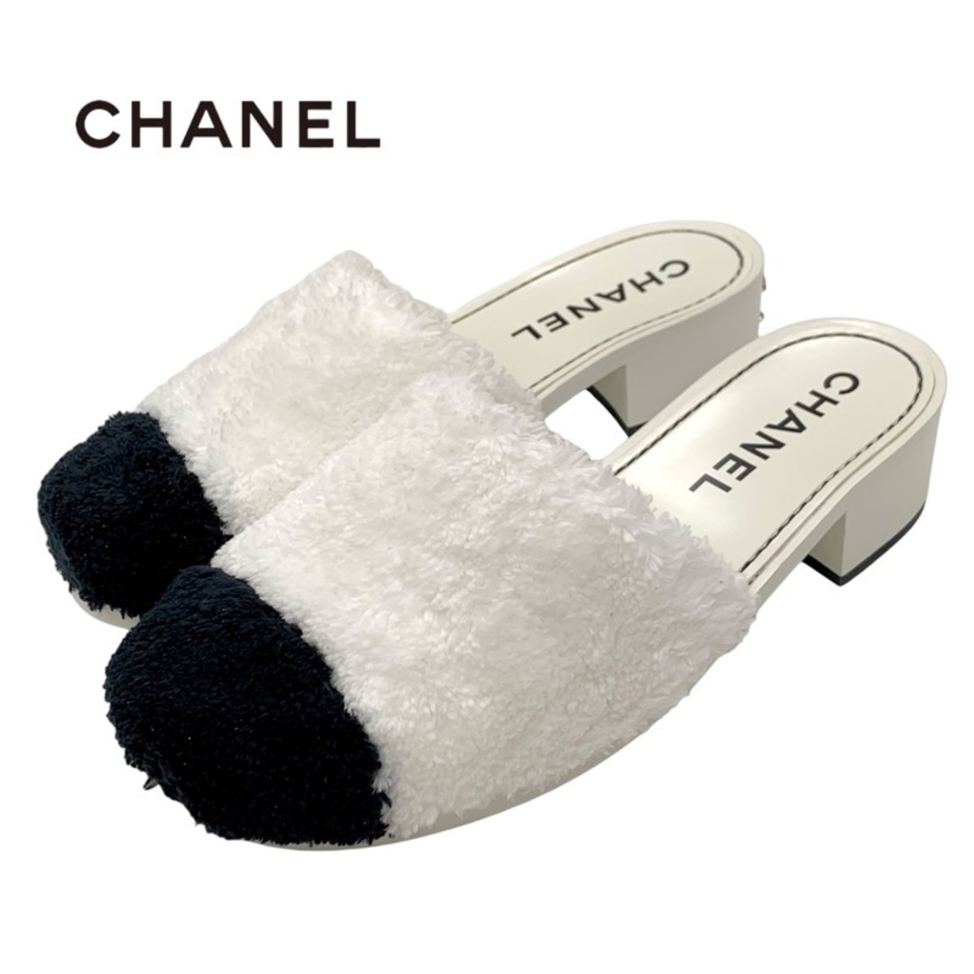 Tieel_シャネル_靴未使用 シャネル CHANEL サンダル 靴 シューズ ファブリック ウッド ホワイト ブラック 白 ミュール ココマーク バイカラー タオル地