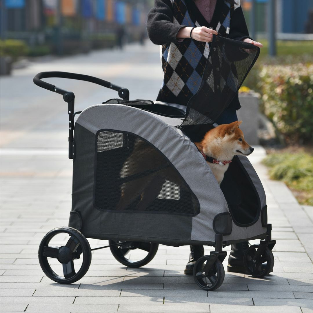 ペットカート 耐荷重50㎏ 折りたたみ 多頭 中型犬 小型犬 猫 【グレー】-