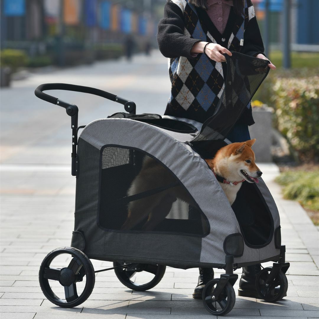 グレー】ペットカート 耐荷重50㎏ 折りたたみ 多頭 中型犬 小型犬 猫