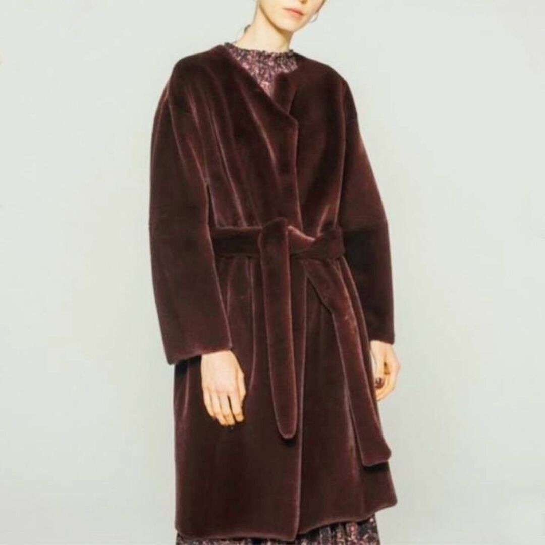 396美品◆希少 セオリー たぬき毛皮 ベルト ラップコーディガン 女優コート