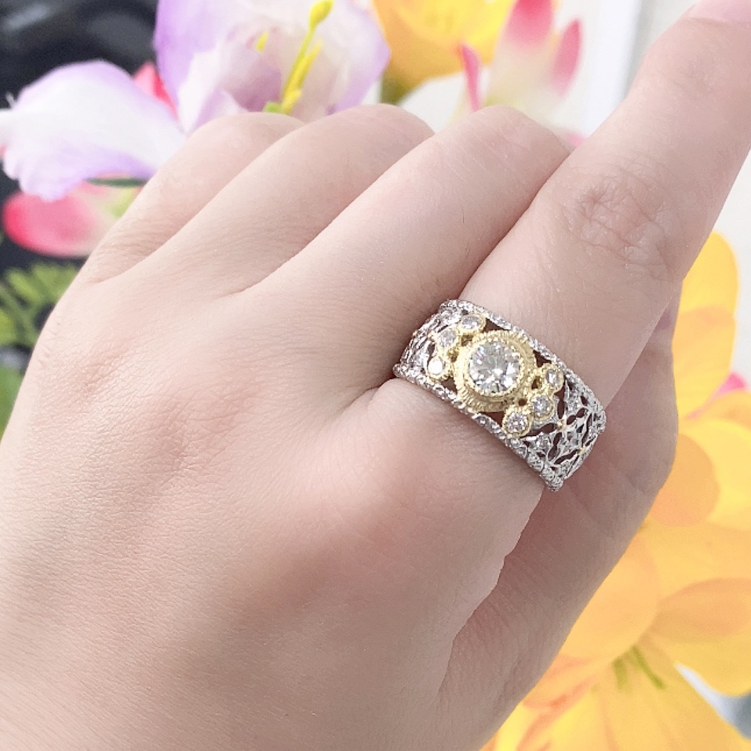 Pt900K18 天然ダイヤモンドリング D0.50ct ピンクダイヤ入り-