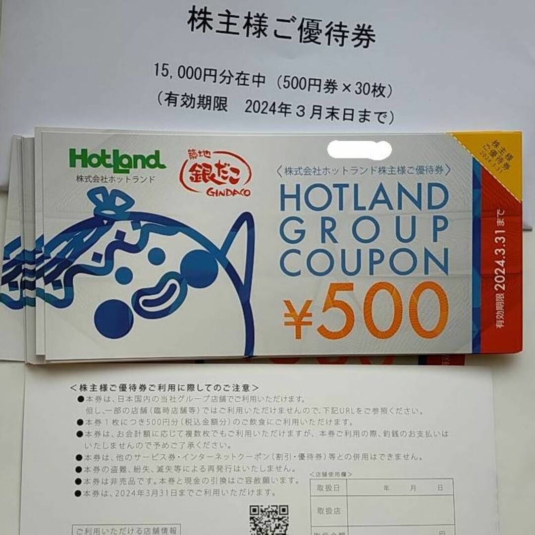 15000円分 ホットランド 株主優待券 2024年3月31日迄 銀だこ-