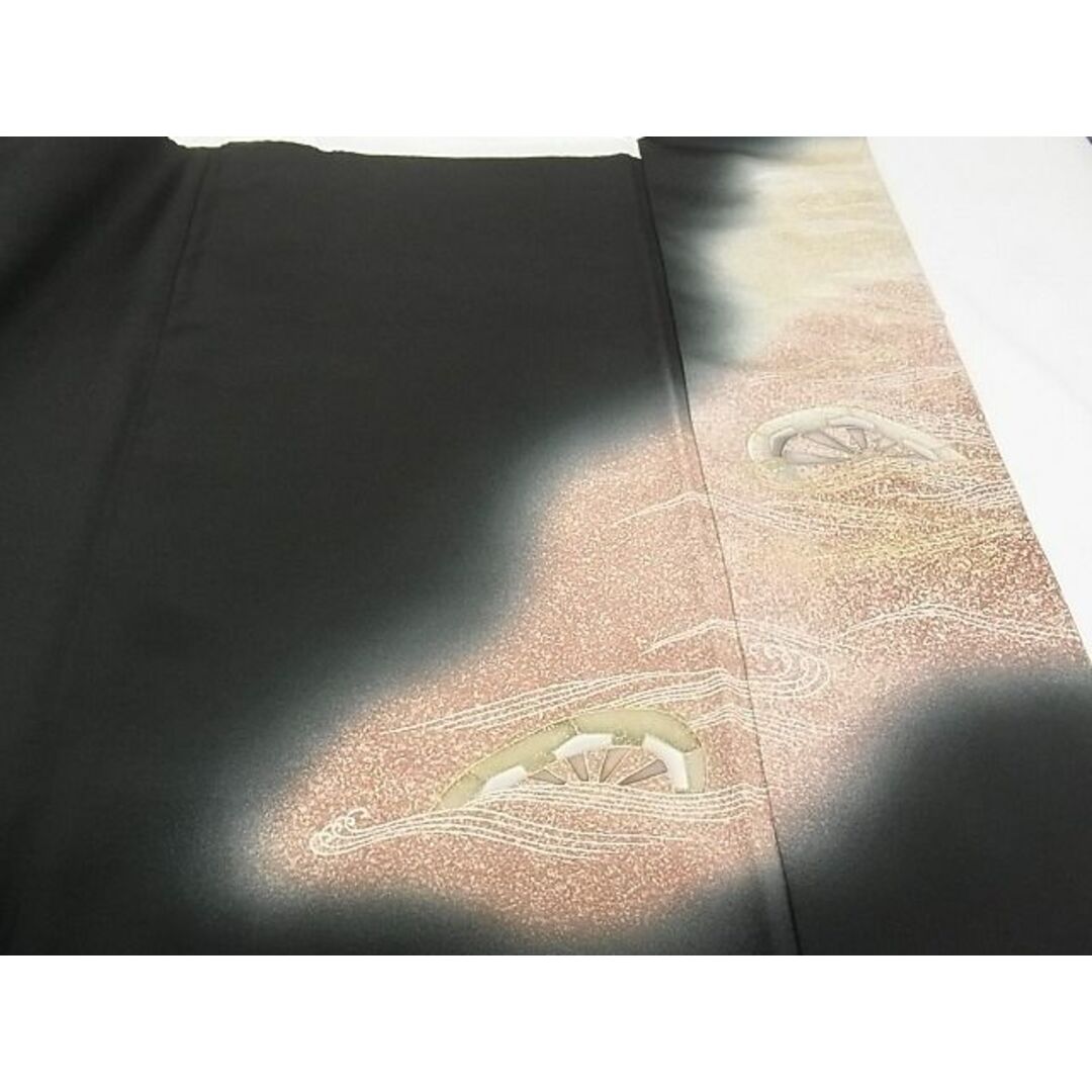 平和屋-こころ店■豪華黒留袖 駒刺繍 片輪車花文 暈し染め 金彩 着丈155cm 裄丈63cm 正絹 逸品 B-ey5448