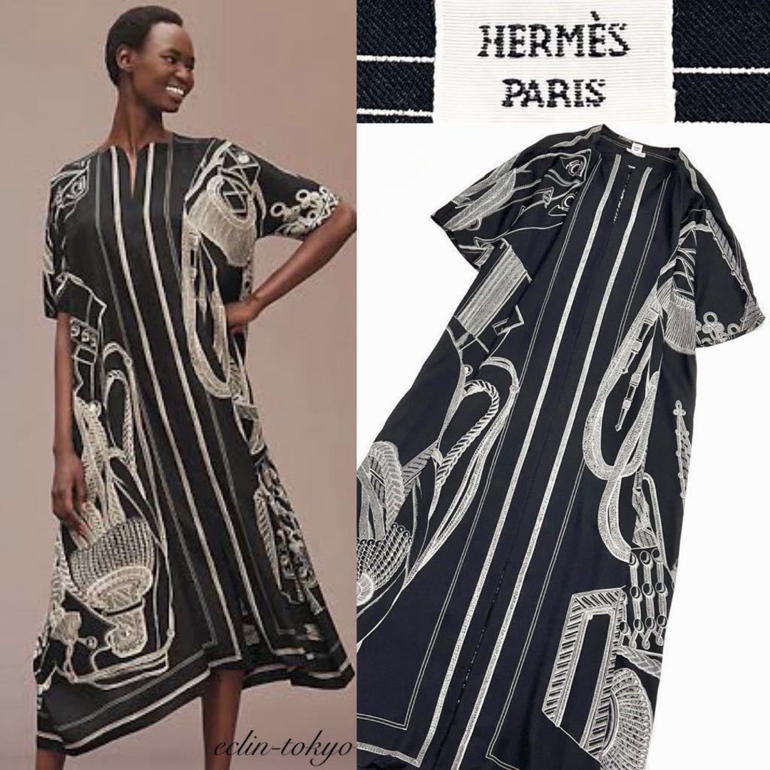 HERMES - 新品同様 HERMES マキシ丈 ツイルレーヌ カレ ワンピースE4004