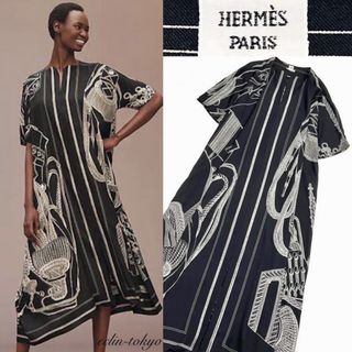 エルメス(Hermes)の新品同様 HERMES マキシ丈 ツイルレーヌ カレ ワンピースE4004(ひざ丈ワンピース)