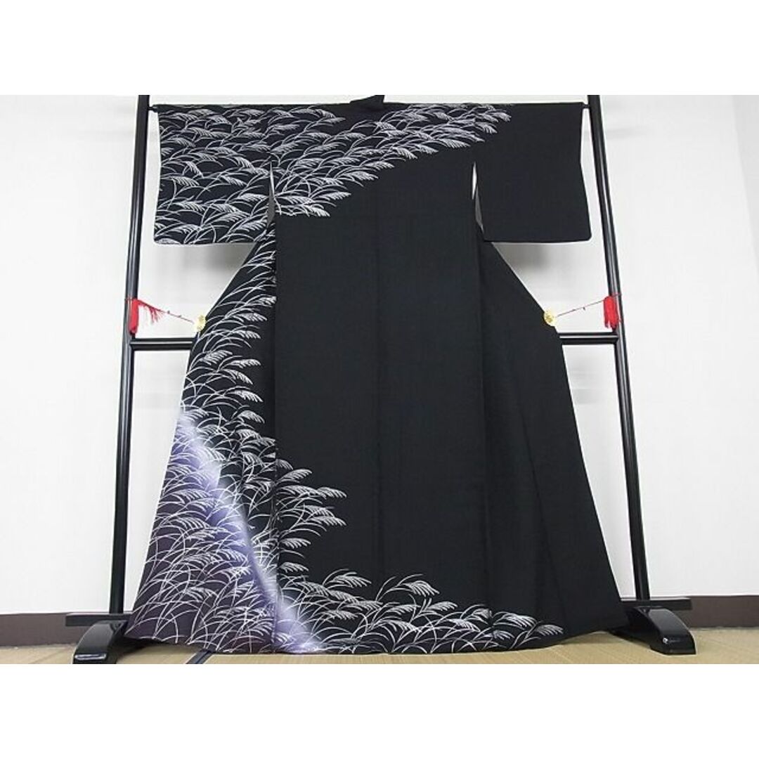 平和屋-こころ店□極上 訪問着 ススキ文 暈し染め 黒地 銀彩 着丈164cm