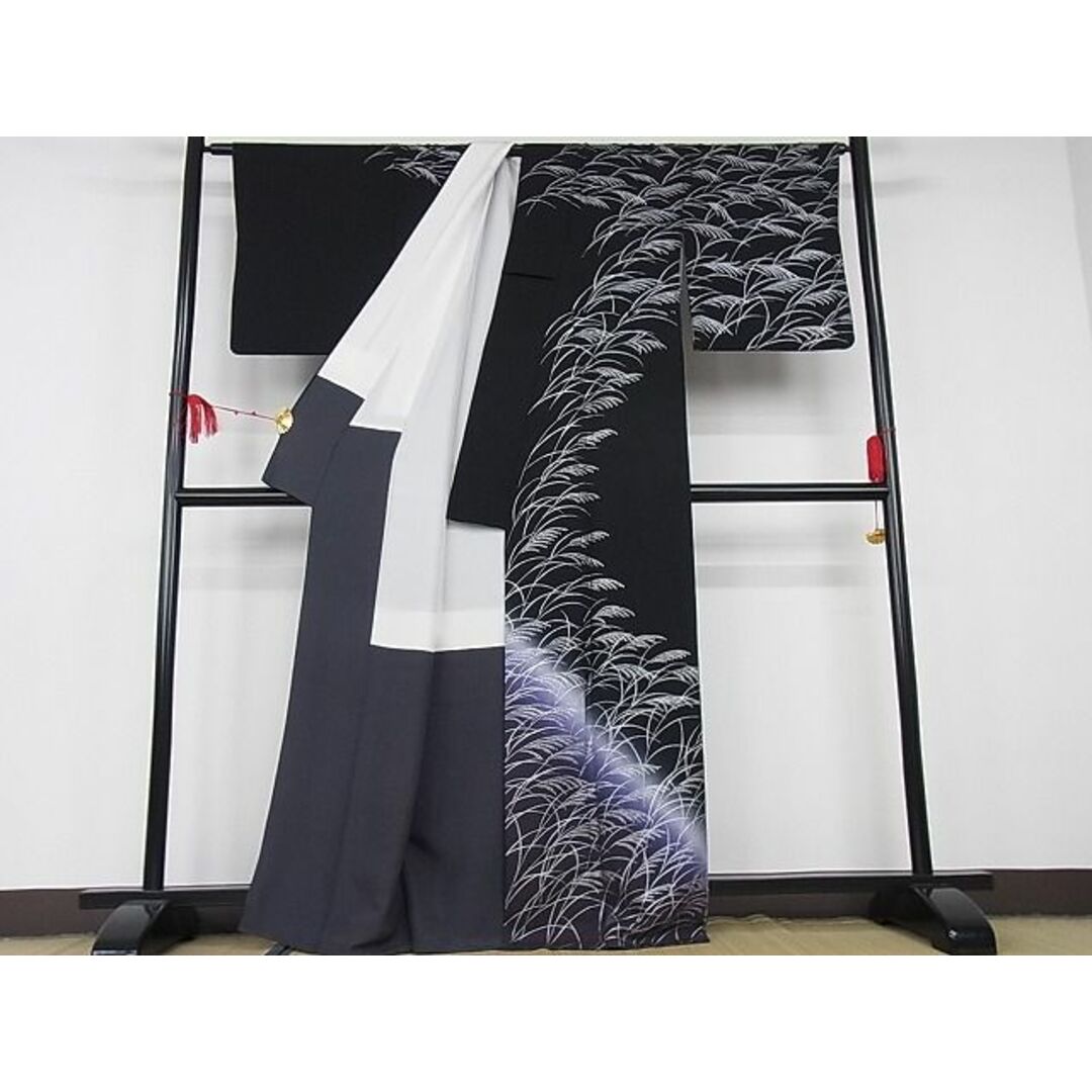 平和屋-こころ店□極上 訪問着 ススキ文 暈し染め 黒地 銀彩 着丈164cm