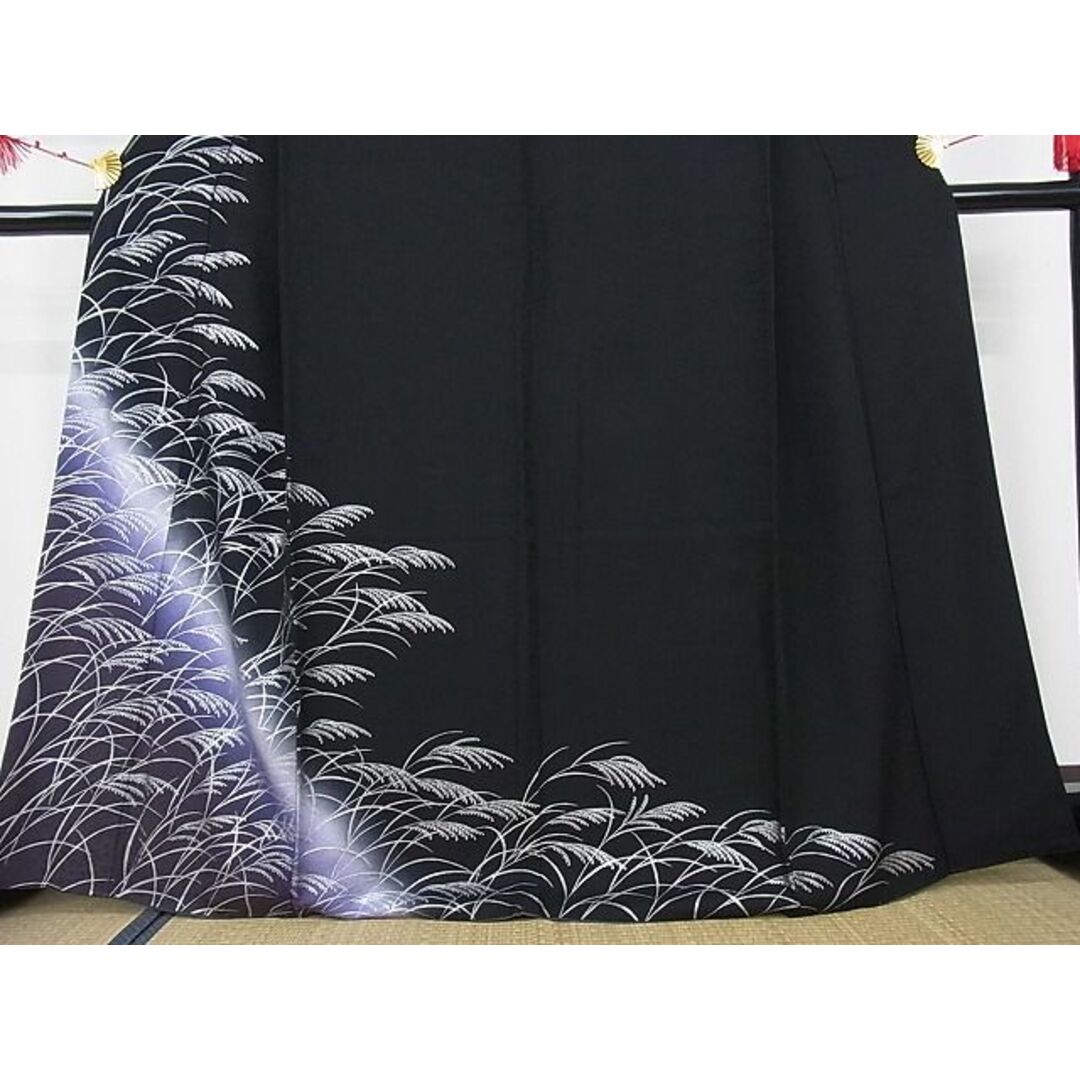 平和屋-こころ店□極上 訪問着 ススキ文 暈し染め 黒地 銀彩 着丈164cm