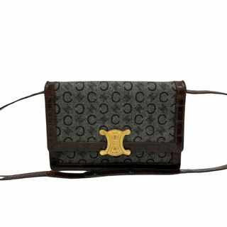 セリーヌ(celine)の極 美品 CELINE セリーヌ Cマカダム 柄 ロゴ 金具 レザー 本革 ウール ミニ ショルダーバッグ ポシェット ブラウン グレー 19079(ショルダーバッグ)