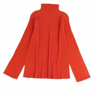 イッセイミヤケ(ISSEY MIYAKE)の美品 イッセイミヤケ ISSEY MIYAKE シャツ ブラウス ロングスリーブ ハイネック プリーツ 無地 トップス レディース M オレンジ(シャツ/ブラウス(長袖/七分))