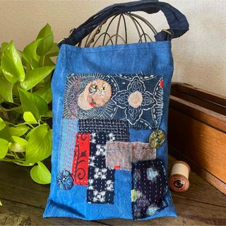 ハンドメイド　サコッシュ　襤褸　古布　藍染　刺し子　ねこ(バッグ)