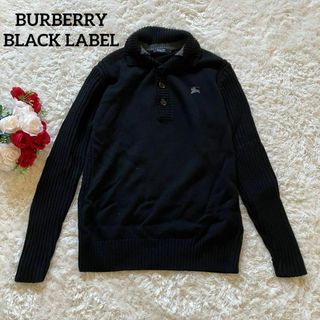 バーバリーブラックレーベル(BURBERRY BLACK LABEL)のバーバリーブラックレーベル　セーター　ボタン　ハイネック　ホースロゴ刺繍　黒　2(ニット/セーター)