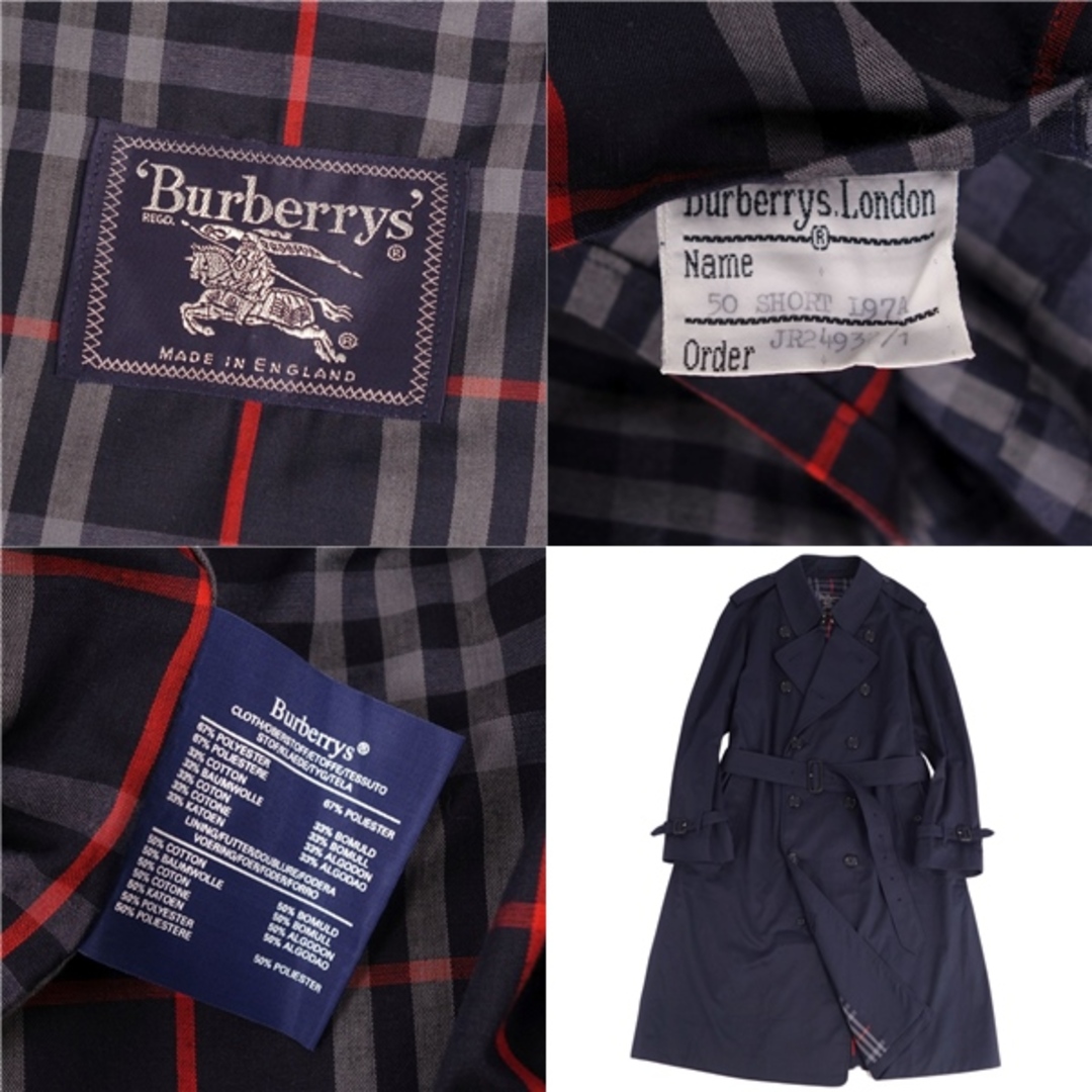 BURBERRY(バーバリー)の極美品 Vintage バーバリー Burberrys コート トレンチコート 裏チェック 英国製 アウター メンズ 50SHORT(M相当) ネイビー メンズのジャケット/アウター(トレンチコート)の商品写真