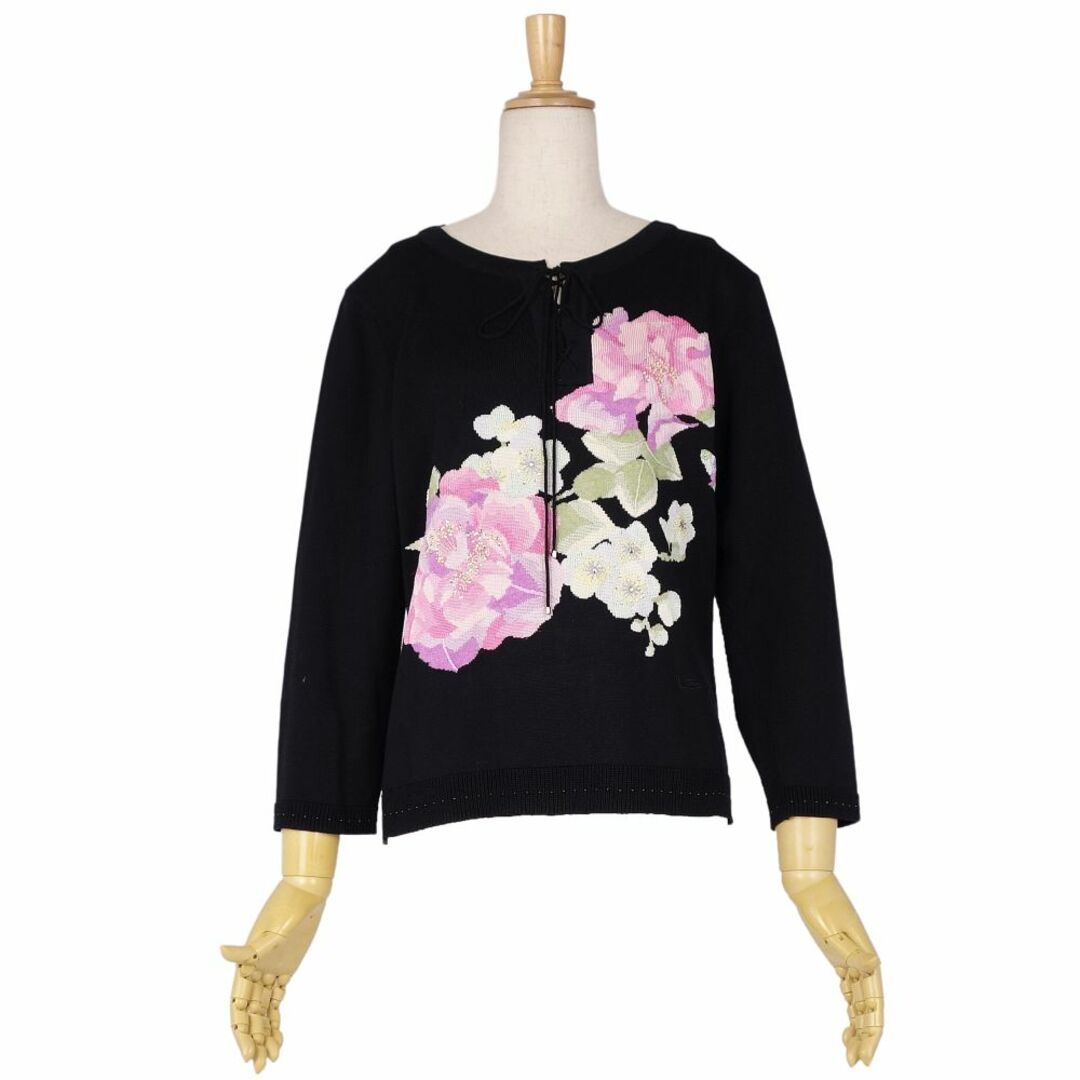 美品 レオナール LEONARD FASHION ニット セーター プルオーバー ロングスリーブ 花柄 シルク コットン トップス レディース L ブラック/ピンク