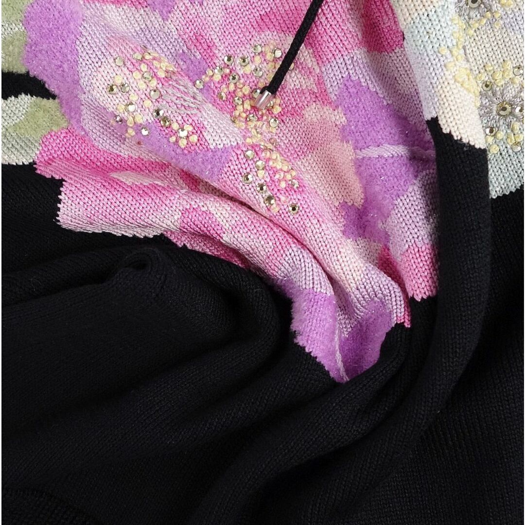 美品 レオナール LEONARD FASHION ニット セーター プルオーバー ロングスリーブ 花柄 シルク コットン トップス レディース L ブラック/ピンク