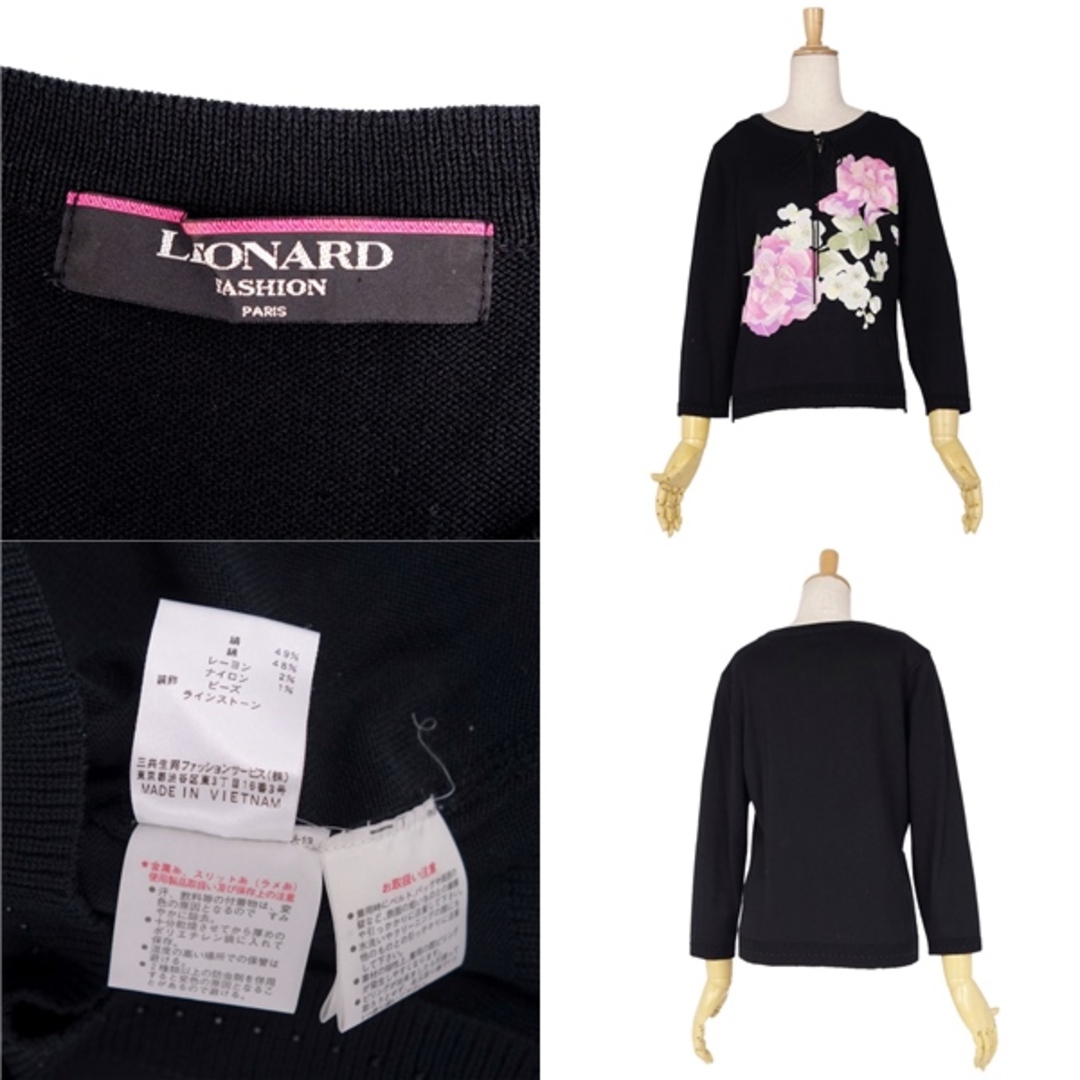 美品 レオナール LEONARD FASHION ニット セーター プルオーバー ロングスリーブ 花柄 シルク コットン トップス レディース L ブラック/ピンク