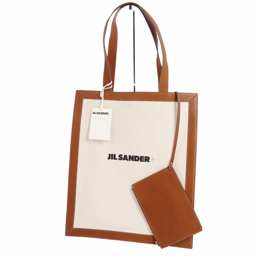 極美品 ジルサンダー JIL SANDER+ バッグ トートバッグ キャンバス レザー カバン 鞄 レディース ホワイト/ブラウン