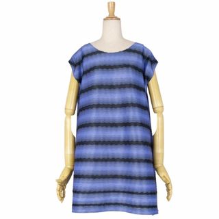 プリーツプリーズイッセイミヤケ(PLEATS PLEASE ISSEY MIYAKE)の美品 プリーツプリーズ イッセイミヤケ PLEATS PLEASE シャツ ブラウス 横プリーツ ノースリーブ ボーダー トップス レディース 5(XL相当) ブルー/ブラック(シャツ/ブラウス(半袖/袖なし))