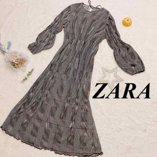 ザラ(ZARA)の【極美品】ZARA ロングワンピース　　立体チェック　ぽわん袖(ロングワンピース/マキシワンピース)