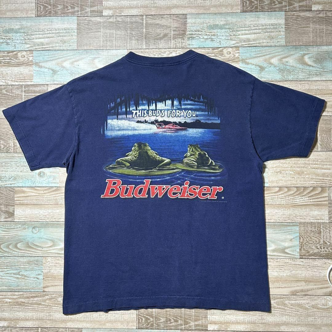 90s Budweiser バドワイザー Tシャツ カエル 蛙 ボート 紺 XL