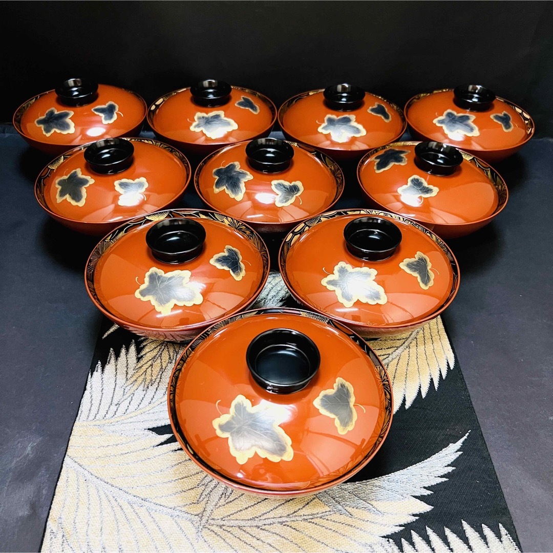 漆器輪島塗 蒔絵金彩細工 沈金菊模様木製 蓋付椀 吸物椀 大きめ 10客 共箱