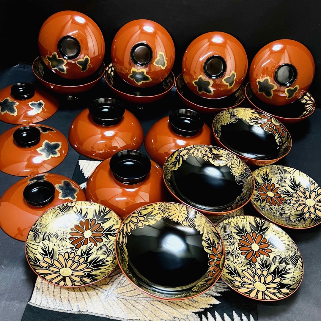漆器輪島塗 蒔絵金彩細工 沈金菊模様木製 蓋付椀 吸物椀 大きめ 10客 共箱