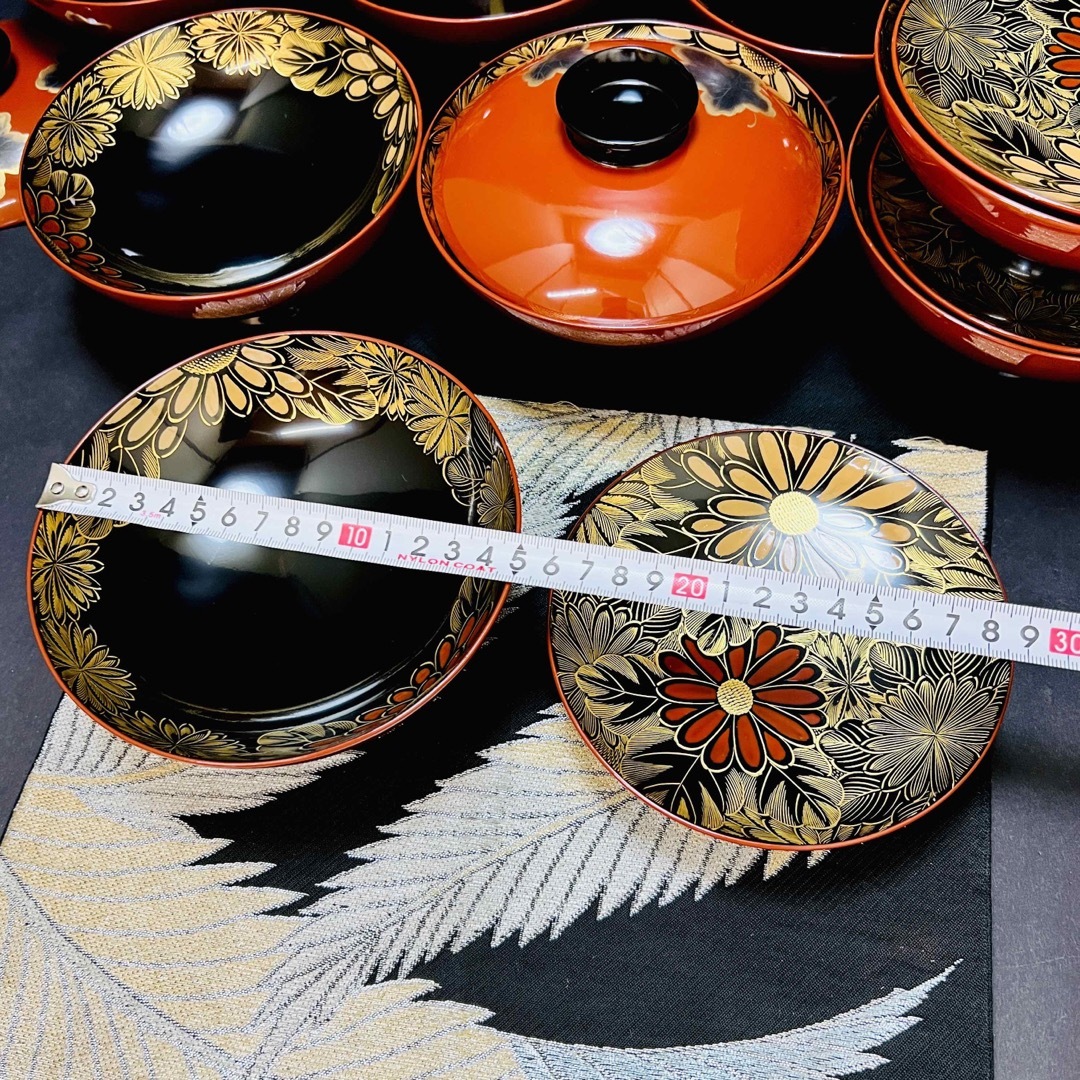 漆器輪島塗 蒔絵金彩細工 沈金菊模様木製 蓋付椀 吸物椀 大きめ 10客 共箱