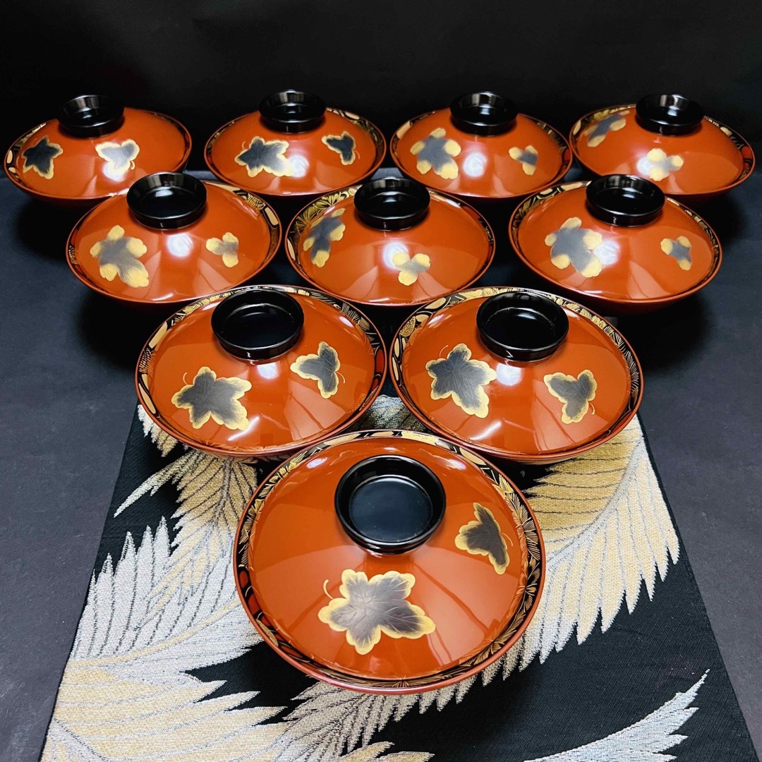 漆器 輪島塗 蒔絵金彩細工 沈金菊模様木製 蓋付椀 吸物椀 10客 共箱 骨董