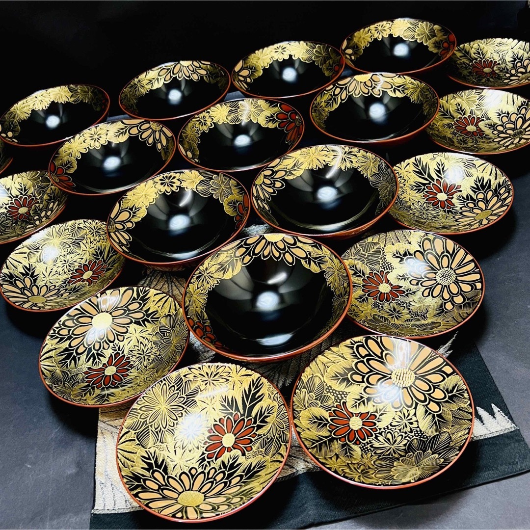 漆器 輪島塗 蒔絵金彩細工 沈金菊模様木製 蓋付椀 吸物椀 10客 共箱 骨董