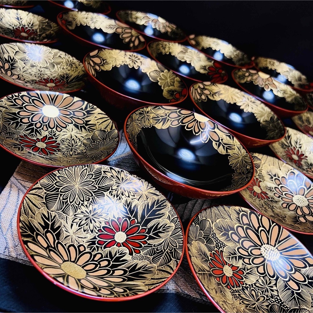 漆器 輪島塗 蒔絵金彩細工 沈金菊模様木製 蓋付椀 吸物椀 10客 共箱 骨董