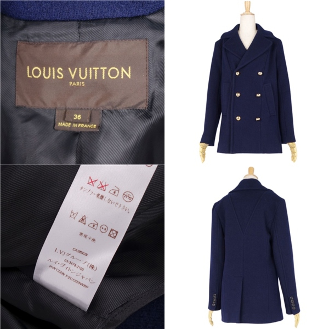 美品 ルイヴィトン LOUIS VUITTON コート Pコート ダブルブレスト ウール ロゴボタン アウター レディース 36(S相当) ネイビー