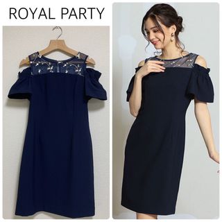 ロイヤルパーティー(ROYAL PARTY)の【中古美品】ROYAL PARTYオフショル刺繍ワンピース　ネイビー(ミニワンピース)