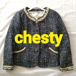 チェスティ(Chesty)の【定価45000円程】チェスティ♡ノーカラー　ツイード　ビジュー　ジャケット(ノーカラージャケット)