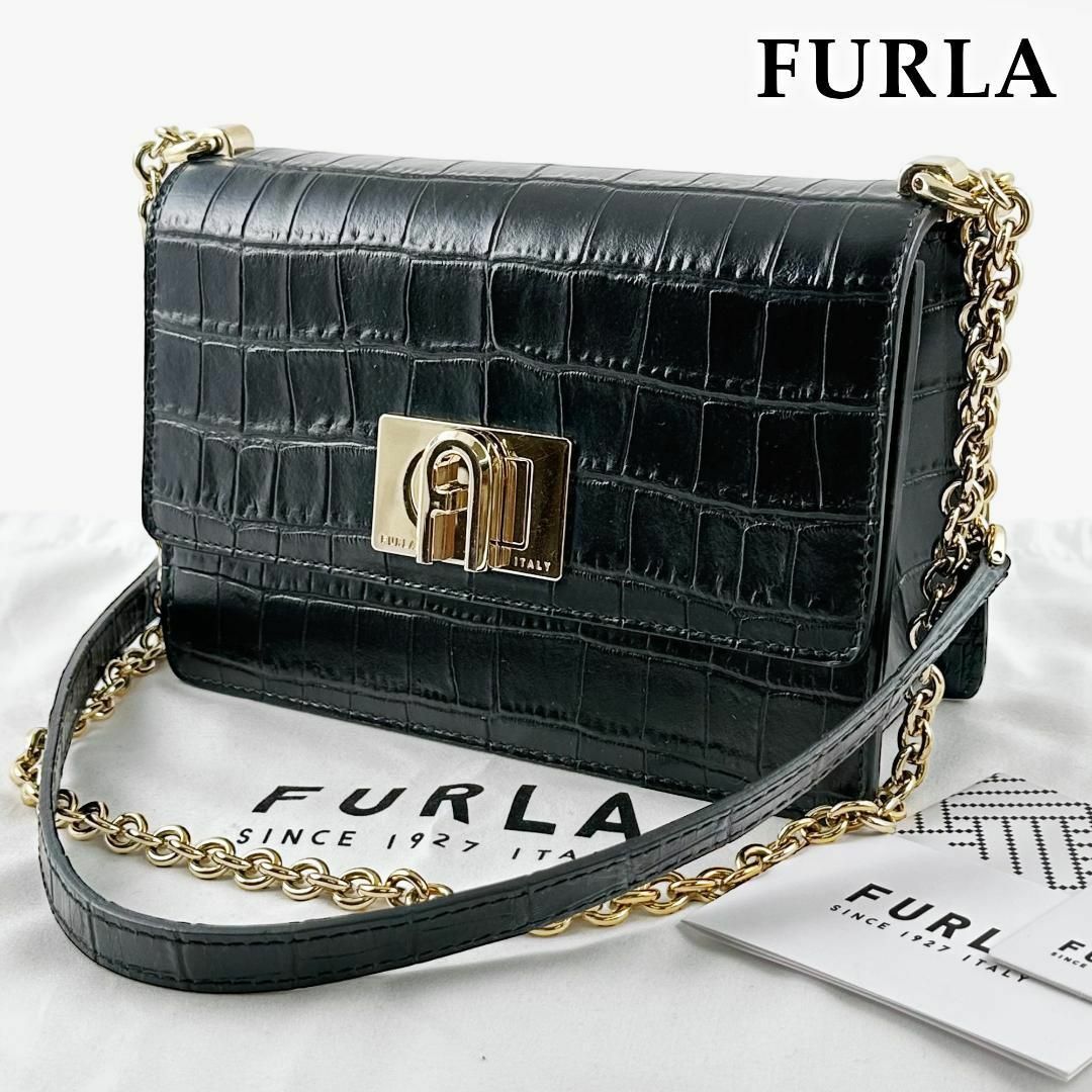 フルラ FURLA ショルダーバッグ 2way クロコ型押し ロゴ チェーン 黒 | フリマアプリ ラクマ