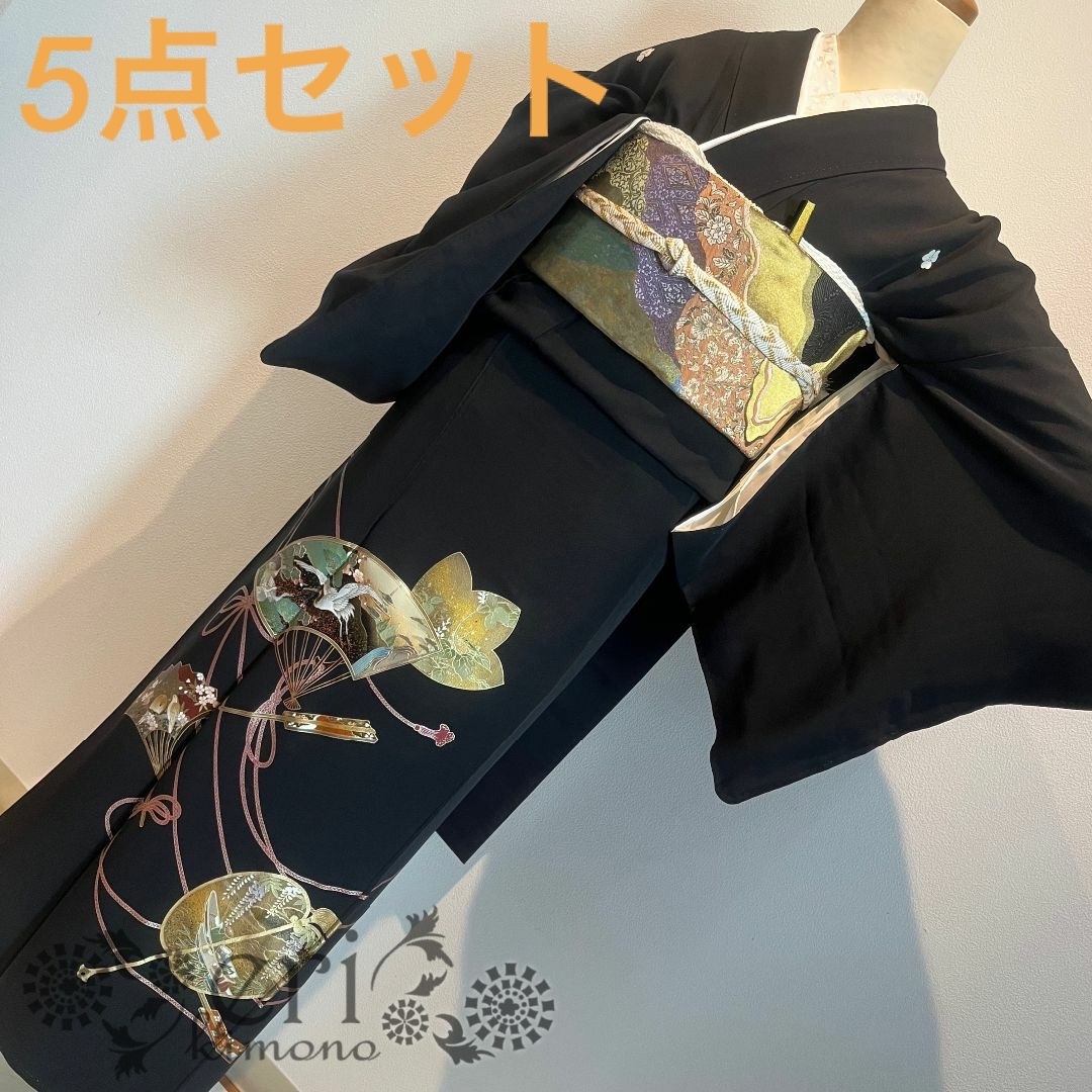 【黒留袖/5点セット/裄丈66cm】逸品！！螺鈿細工　作家物　鶴と扇 レディースの水着/浴衣(着物)の商品写真