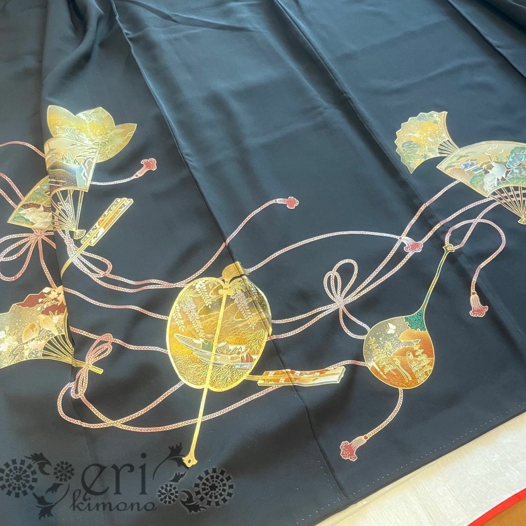 【黒留袖/5点セット/裄丈66cm】逸品!!螺鈿細工 作家物 鶴と扇