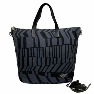 プラダ(PRADA)の極 美品 PRADA プラダ 三角ロゴ 金具 総柄 コットン レザー 2way ショルダーバッグ トートバッグ A4収納可 ブラック グレー 12500(ショルダーバッグ)